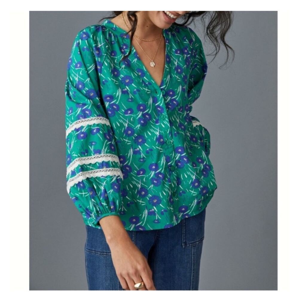Anthropologie Women's‎ Green Porridge Jovie Puffed Sleeve Floral Top Size L